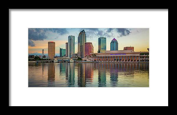 Tampa Skyline Framed Print featuring the photograph Tampa Bay Skyline Sunrise Panorama by Gregory Ballos