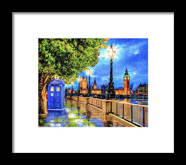 Tardis Framed Print featuring the painting Tardis In The Rain - London by Mark Tisdale