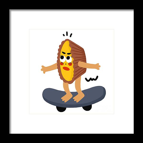 Egg Tarts Framed Print featuring the drawing Custard tart loves skateboarding by Min Fen Zhu
