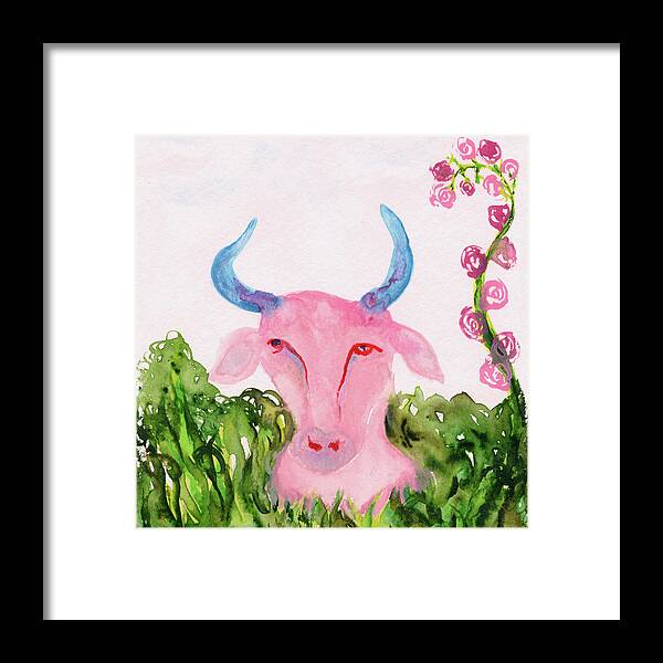 Pink Blue Taurus Bull Framed Print featuring the painting Taurus Zodiac Sign Bull Symbol by Anne Nordhaus-Bike