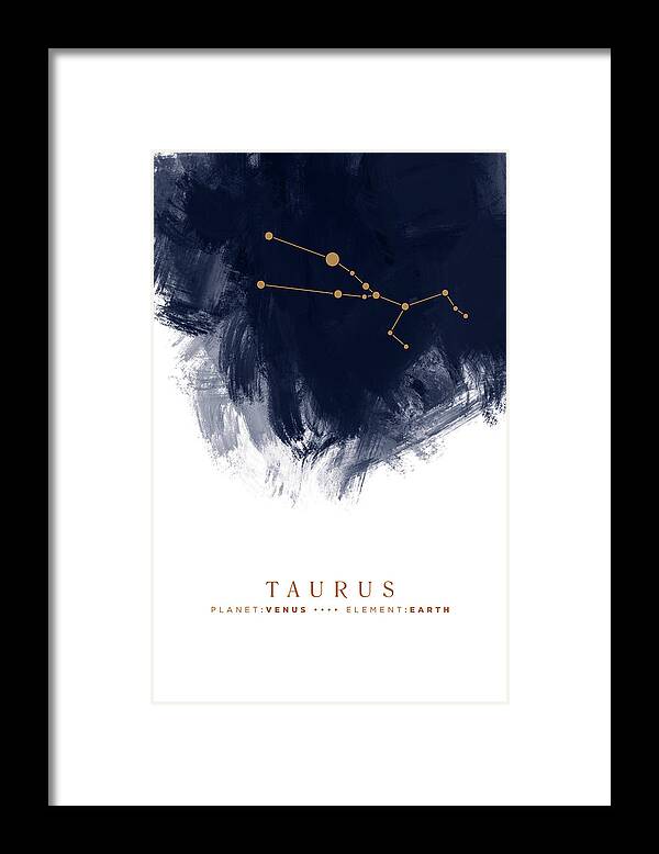 Taurus Framed Print featuring the mixed media Taurus Zodiac Sign - Minimal Print - Zodiac, Constellation, Astrology, Good Luck, Night Sky - Blue by Studio Grafiikka