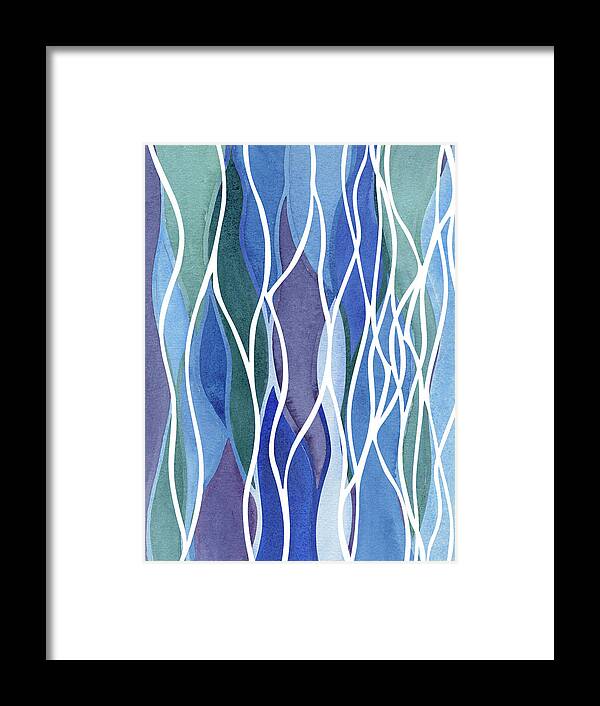 White Lines Framed Print featuring the painting Teal And Blue White Organic Lines Watercolor Waterfall Batik Style Decor I by Irina Sztukowski
