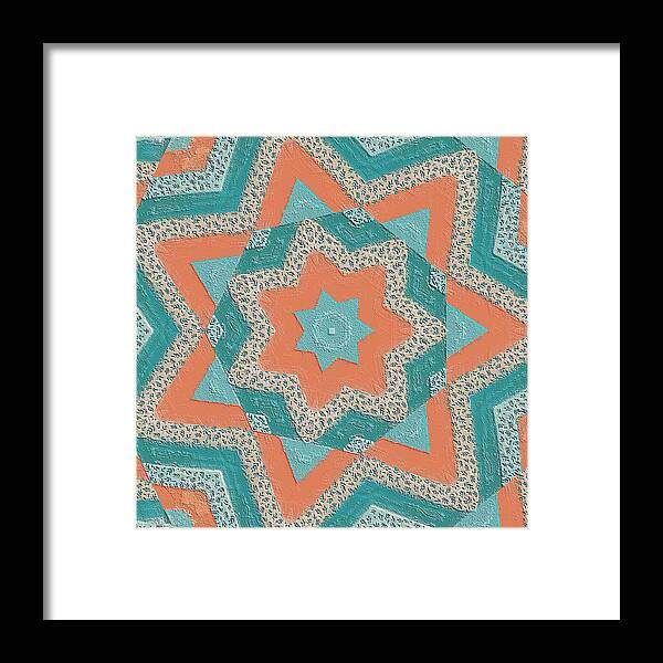 Pattern< Stars Framed Print featuring the digital art Teal and Peach Stars by Bonnie Bruno