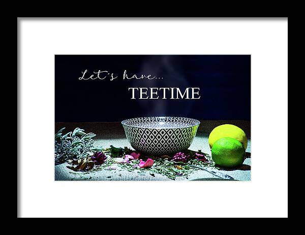 Inscription Framed Print featuring the photograph A drinking bowl with tea and herbs. by Bernhard Schaffer