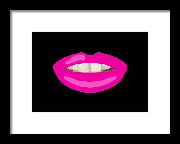 Lips Framed Print featuring the drawing Teeth Smile Hot Pink Lips Black BG Novelty Face Mask by Joan Stratton