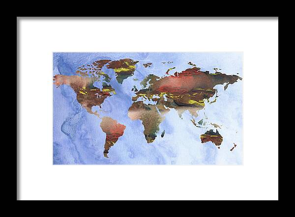 World Framed Print featuring the painting Terra Incognita Blue Waters World Map Watercolor by Irina Sztukowski