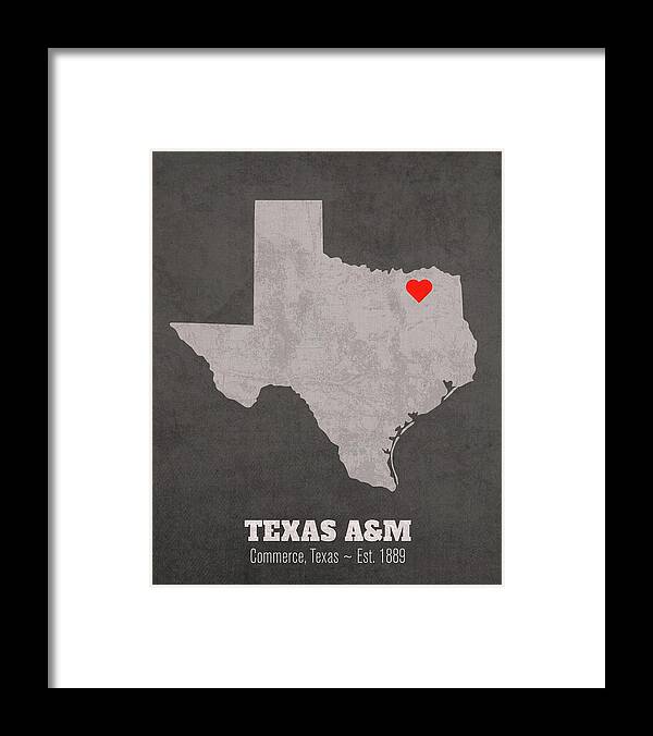 Texas A And M University Commerce Framed Print featuring the mixed media Texas A and M University Commerce Texas Founded Date Heart Map by Design Turnpike