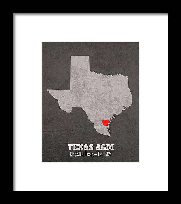 Texas A And M University Framed Print featuring the mixed media Texas A and M University Kingsville Texas Founded Date Heart Map by Design Turnpike