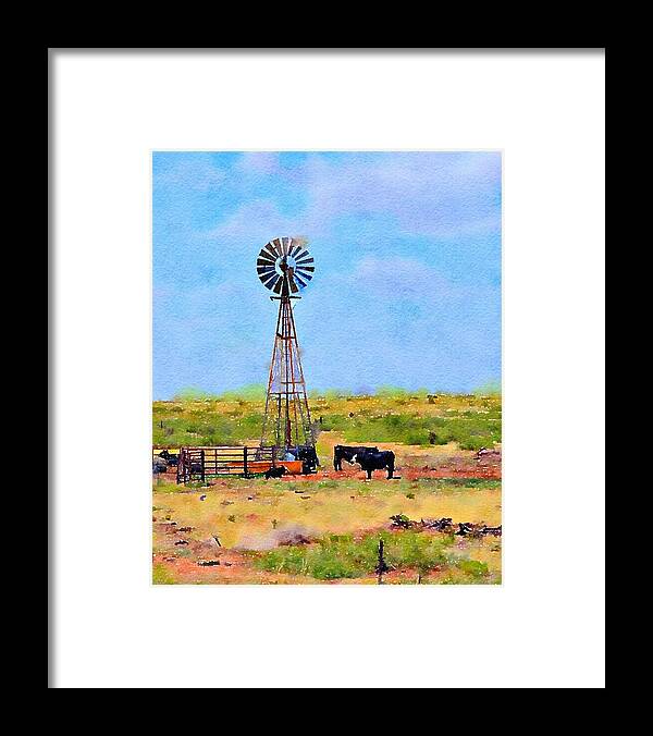 Windmill Framed Print featuring the painting Texas Landscape Windmill and Cattle by Carlin Blahnik CarlinArtWatercolor