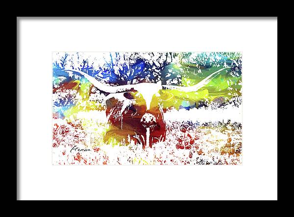 Longhorn Framed Print featuring the painting Texas Longhorn Front View - Abstract Colors by Hailey E Herrera