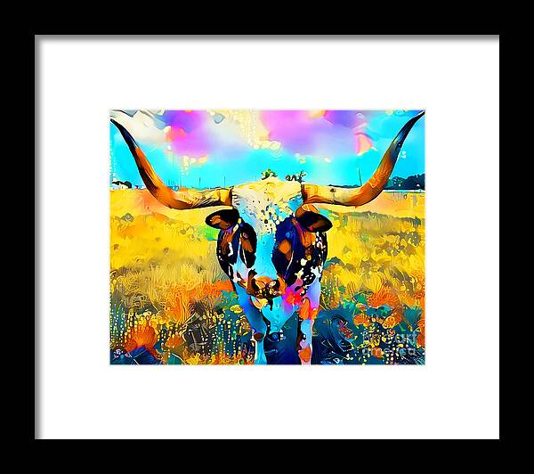 Wingsdomain Framed Print featuring the photograph Texas Longhorn in Vibrant Colors 20210726 by Wingsdomain Art and Photography