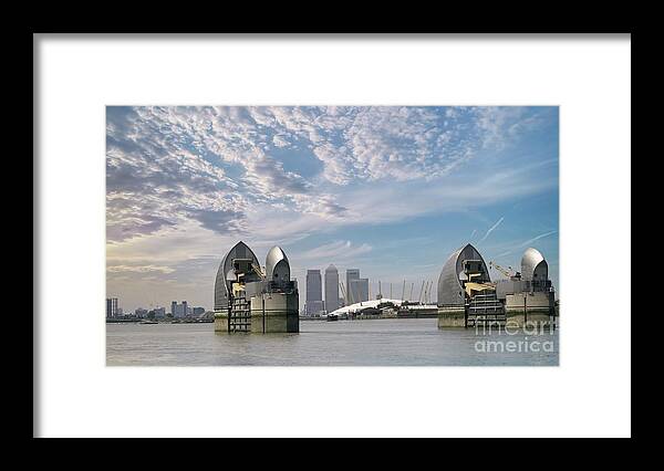 London Framed Print featuring the photograph Thames Barrier, and O2 Arena And Canary Wharf, London, UK by Philip Preston