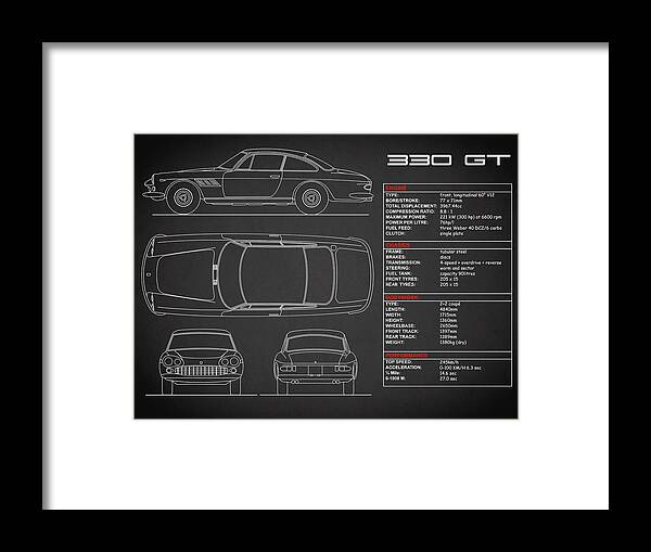 Ferrari Framed Print featuring the photograph The 330 GT Blueprint in Black by Mark Rogan