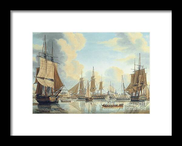 Ship Framed Print featuring the painting The Batavian fleet under Vice-Admiral Carel Hendrik Verhuell at Flushing, 1805 by Engel Hoogerheyden