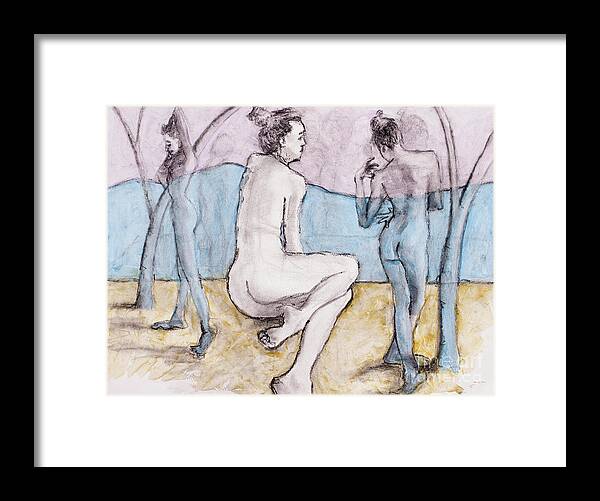 Life Drawing Framed Print featuring the mixed media The Bathers by PJ Kirk
