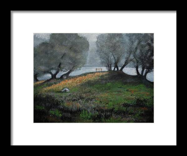 Foggy Day Framed Print featuring the pastel The Bench by Sandra Lee Scott
