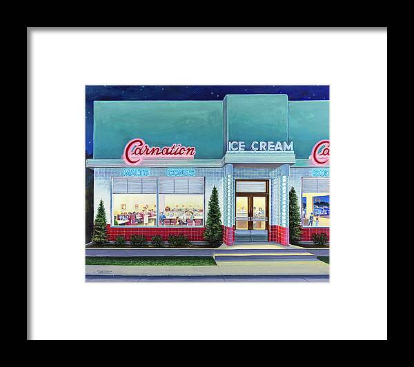 Carnation Ice Cream Restaurant Framed Print featuring the painting The Carnation Ice Cream Shop by Randy Welborn