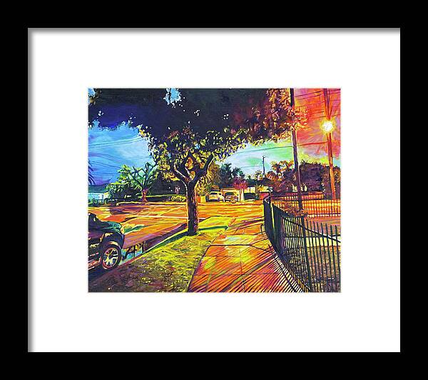 Neighborhood Framed Print featuring the painting The Corner by Bonnie Lambert