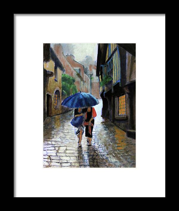 Two Women Share An Umbrella Framed Print featuring the painting The Downpour by David Zimmerman