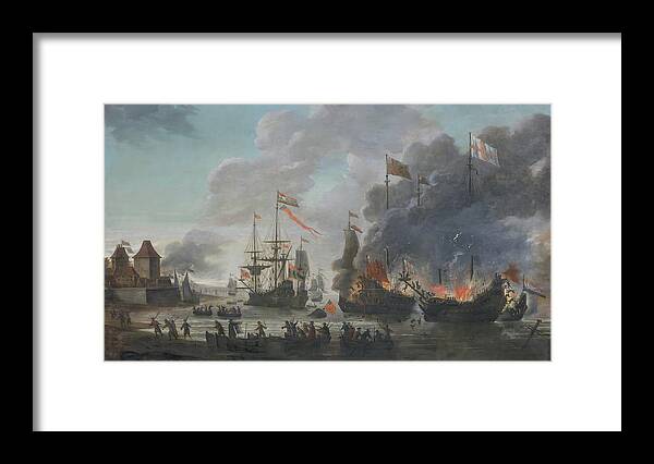 Dutch Framed Print featuring the photograph The Dutch burn English ships during the expedition to Chatham by Jan van Leyden