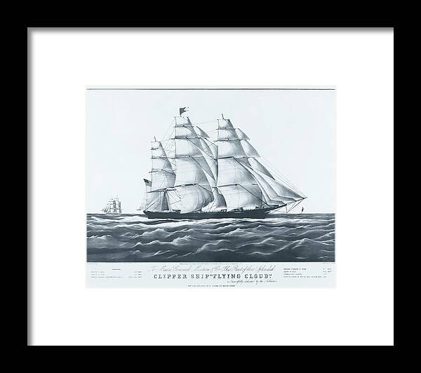 Flying Framed Print featuring the drawing The Flying Cloud by Nathaniel Currier by Mango Art