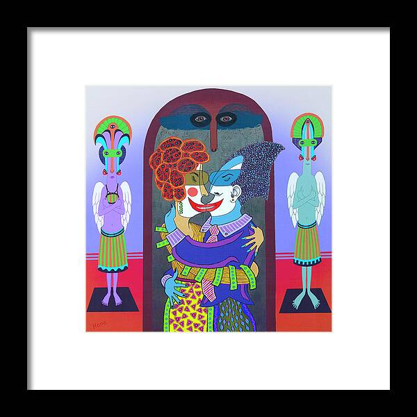 Visionary Visionaryart Art Painting 16x16 Kiss Theugly Thegood Thekiss Hug Couple Relationship Framed Print featuring the painting The Good, The Bad, The Kiss by Hone Williams