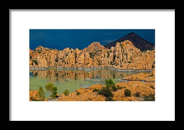 Fall Colors Granite Dells Boulders Water Lake Revivor Fstop101 Prescott Arizona Red Blue Colorful Rock Dark Clouds Summer Monsoon Storm Framed Print featuring the photograph The Granite Dells - Monsoon Storm in the distance by Geno