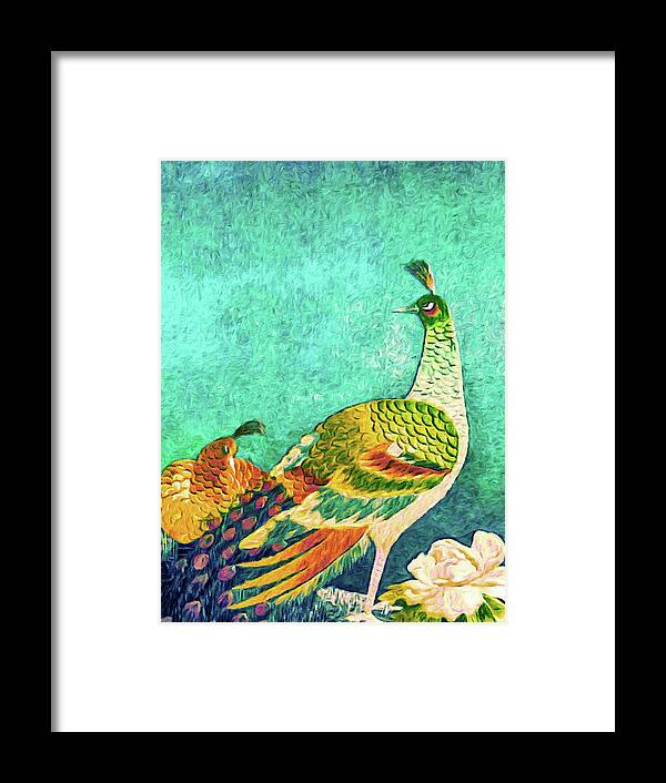Handsome Peacock Framed Print featuring the tapestry - textile The Handsome Peacock - Kimono Series by Susan Maxwell Schmidt