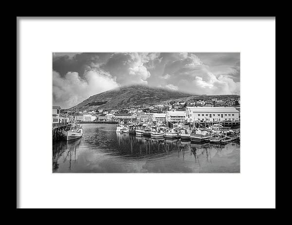 Boats Framed Print featuring the photograph The Harbor at Honningvag Norway Under Clouds in Black and White by Debra and Dave Vanderlaan