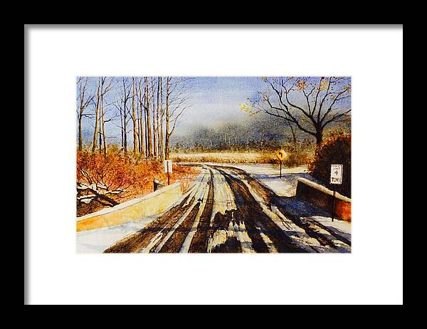 Just One Of Those Old Country Roads In The Midwest. In The Heart Of The Winter Framed Print featuring the painting The Heart of Winter by John Glass