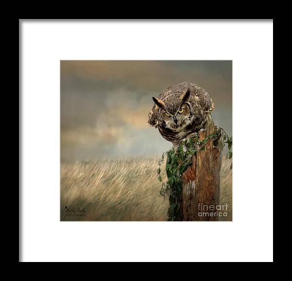Great Horned Owl Framed Print featuring the mixed media The Hunt by Kathy Kelly