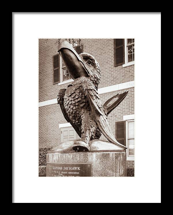 America Framed Print featuring the photograph The Jayhawk Sculpture in Sepia - Lawrence Kansas by Gregory Ballos
