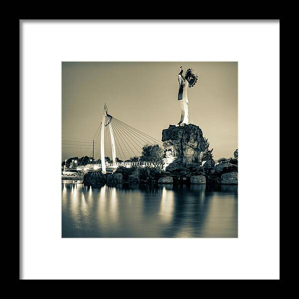 Wichita Kansas Framed Print featuring the photograph The Keeper Of The Plains In Wichita Kansas - Sepia Edition by Gregory Ballos