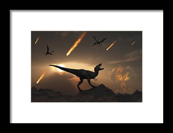 Prehistoric Era Framed Print featuring the drawing The last days of dinosaurs during the Cretaceous Period. by Stocktrek Images