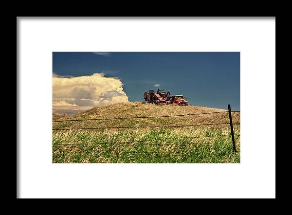 Nd Framed Print featuring the photograph The Last Harvest - Massey Harris combine and International truck on ND pasture hill by Peter Herman