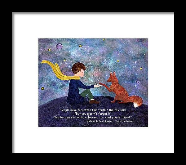 The Little Prince Framed Print featuring the digital art The Little Prince and Fox Quote by Michele Avanti