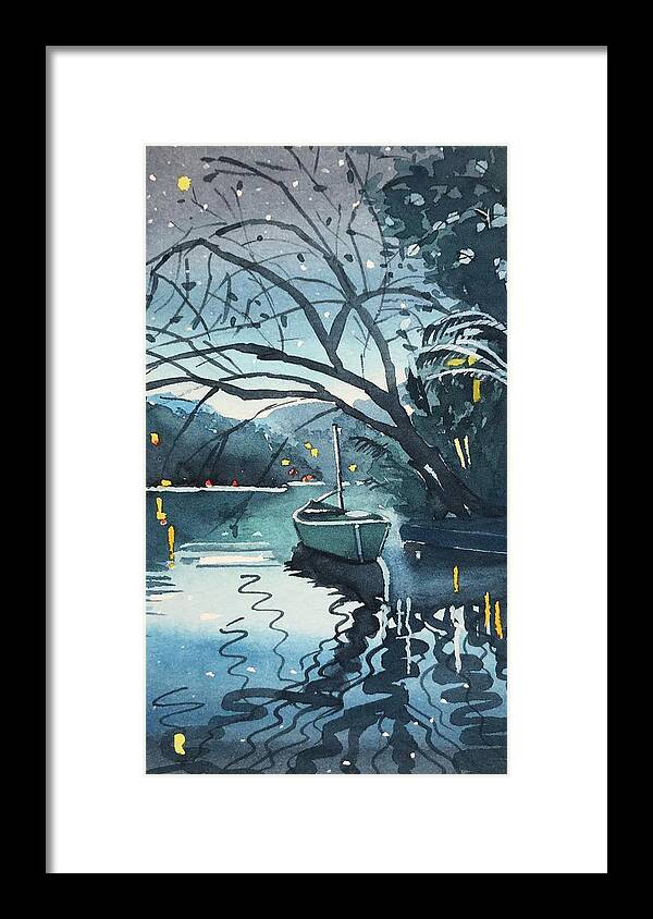 Canoe Framed Print featuring the painting The Lonely Canoe at Night. by Luisa Millicent