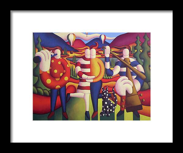 The Lovers Session With Balloons And Polka Dog Framed Print featuring the painting The Lovers session with balloons and polka cat by Alan Kenny
