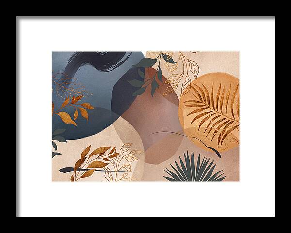 Colored Pencil Framed Print featuring the painting The magic of nature, golden tropical leaves watercolor shapes print, aesthetic autumn illustration by Mounir Khalfouf