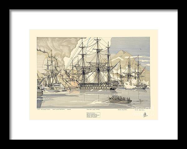 Historic Vessels Framed Print featuring the drawing The naval battle of Navarino 1827 - artwork no.12 by Panagiotis Mastrantonis