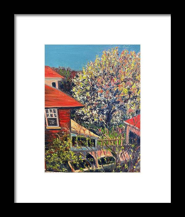 Magnolia Tree Backyard Spring Framed Print featuring the painting The Neighbors Magnolia Tree by Beth Riso
