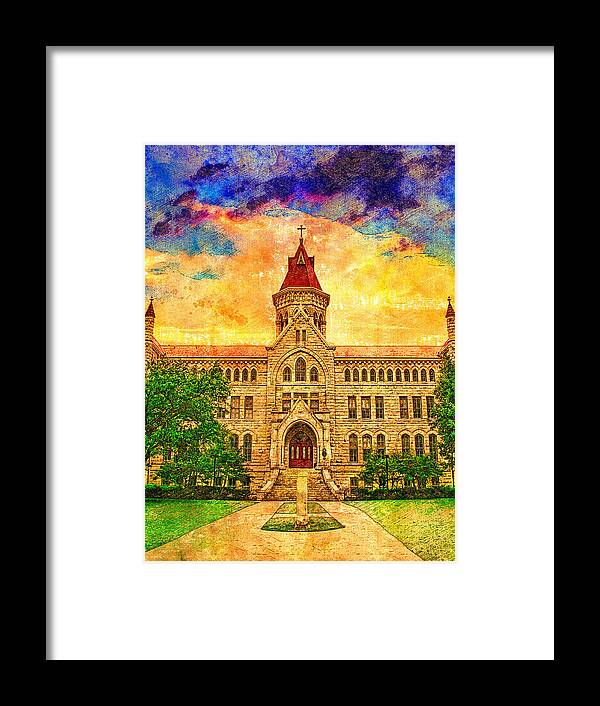Main Building Framed Print featuring the digital art The north side of the Main Building of St. Edward's University in Austin, Texas, at sunset by Nicko Prints