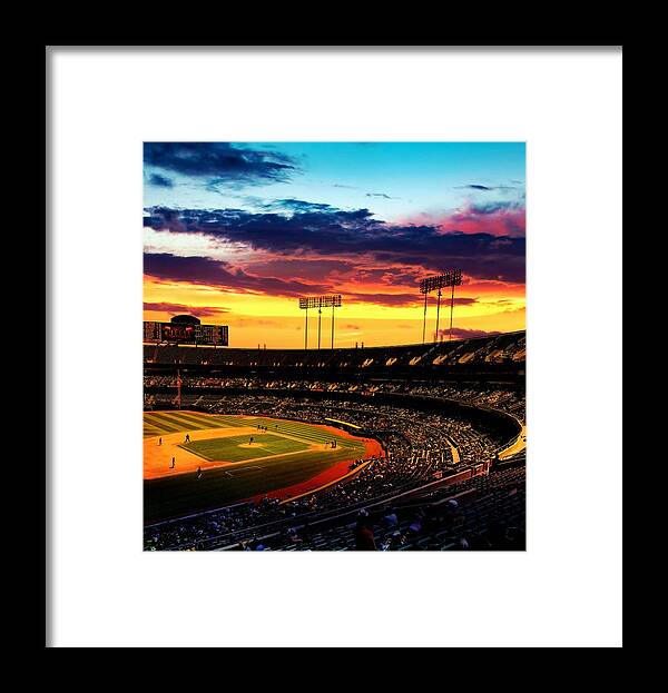 Oakland Framed Print featuring the digital art The Oakland-Alameda County Coliseum in sunset light by Nicko Prints