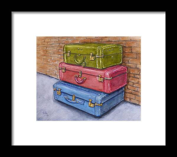 Old Suitcases Framed Print featuring the painting The Old Suitcases by Kelly Mills