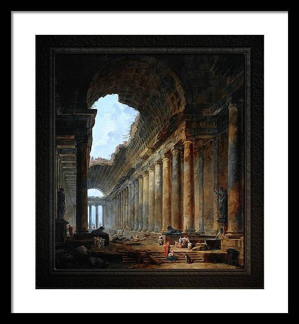 The Old Temple Framed Print featuring the painting The Old Temple by Hubert Robert Old Masters Fine Art Reproduction by Rolando Burbon
