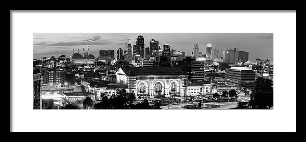 Kansas City Framed Print featuring the photograph The Panoramic Skyline of Kansas City And Union Station At Dusk - Black and White by Gregory Ballos