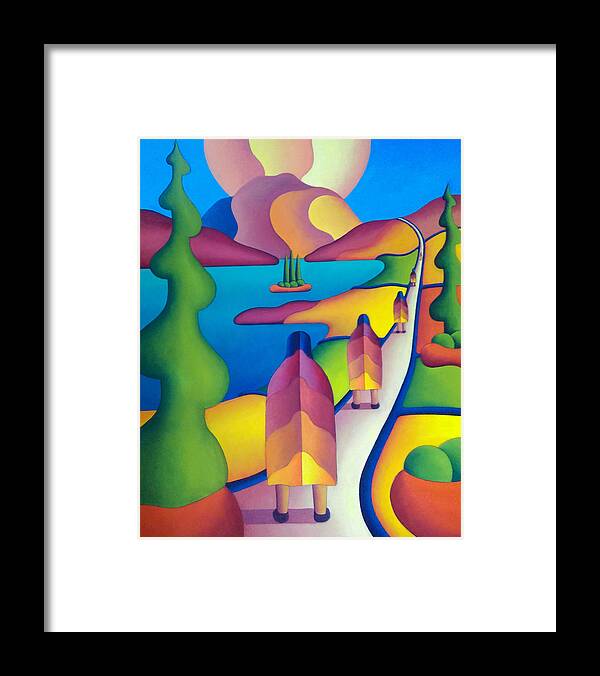 Pilgrimage Framed Print featuring the painting The Pilgrimage to the sacred mountain with five figures by Alan Kenny
