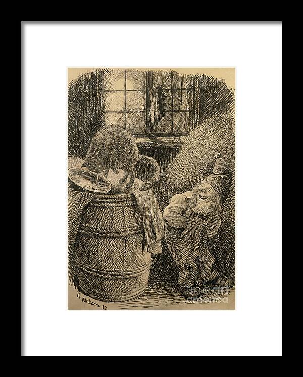 Theodor Kittelsen Framed Print featuring the drawing The pixie stands and laughs malicious of the cat that is standing on a barrel and has been cheated by O Vaering by Theodor Kittelsen