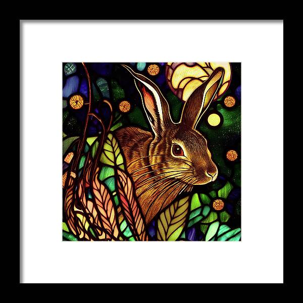 Rabbits Framed Print featuring the digital art The Rabbit and the Moon - Stained Glass by Peggy Collins