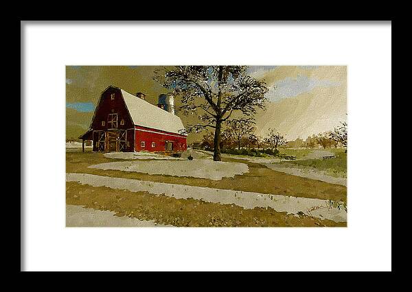 Winter Framed Print featuring the painting The Red Barn by Charlie Roman